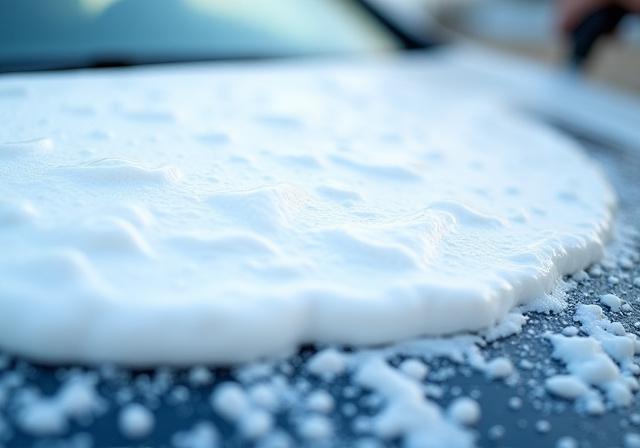 Nærbillede af håndvask med skum på bilens kølerhjelm